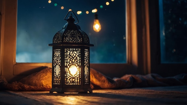 The Muslim feast of the holy month of Ramadan Kareem Beautiful background with a shining lantern Fa