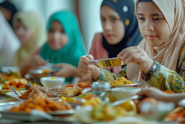 라마단에 집에서 저녁 식사 테이블에 음식을 먹이는 무슬림 무슬림 전통 가족 Bokeh 사람들