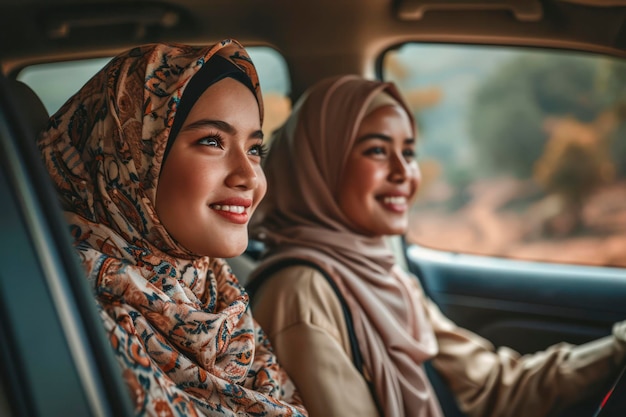 Photo muslim female friends enjoying road trip traveling at vacation in the car