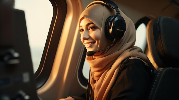 A Muslim female pilot with a headscarf and headphones is seen smiling as she sits in the cockpit Generative AI