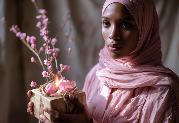 Photo muslim girl in hijab holding a box of flowers