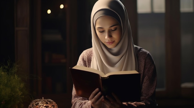 Muslim girl in hijab reads the Koran