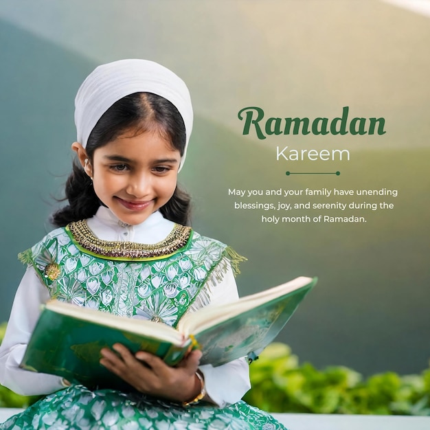 Photo muslim girl reading a holy book koran