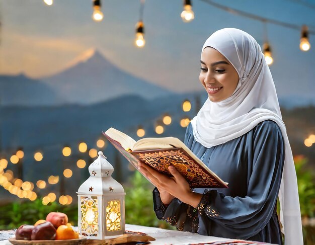 Photo muslim girl reading koran