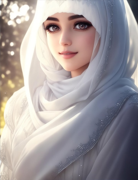 白いヒジャブを着たイスラム教徒の少女 天使のような顔