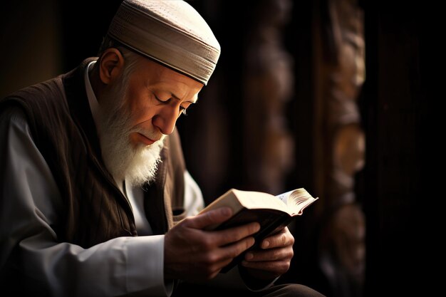 A Muslim guy is seen reading the Quran Islamic Religious Muslim Man Sitting on a Rug Holding Reading the Holy Quran Ai generated