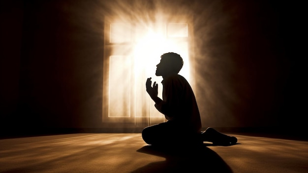 Мужчина-мусульманин в силуэте возносит молитву GENERATE AI