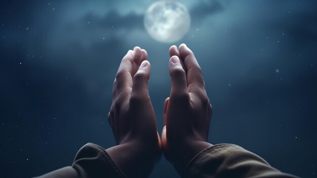 Muslim hands in outdoor prayer against a backdrop of the night generative ai