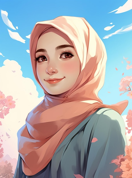 Photo muslim hijab girl smiling cartoon style