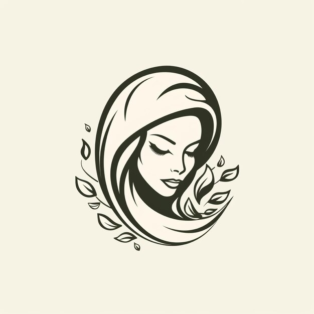 Photo muslim hijabi women with leaf handdrawn line art illustration logo for boutique fashion or business