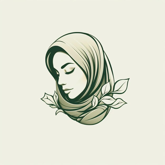 Photo muslim hijabi women with leaf handdrawn line art illustration logo for boutique fashion or business