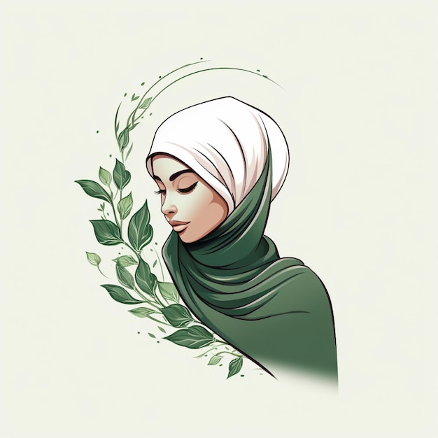 Muslim hijabi women with leaf handdrawn line art illustration logo for boutique fashion or business