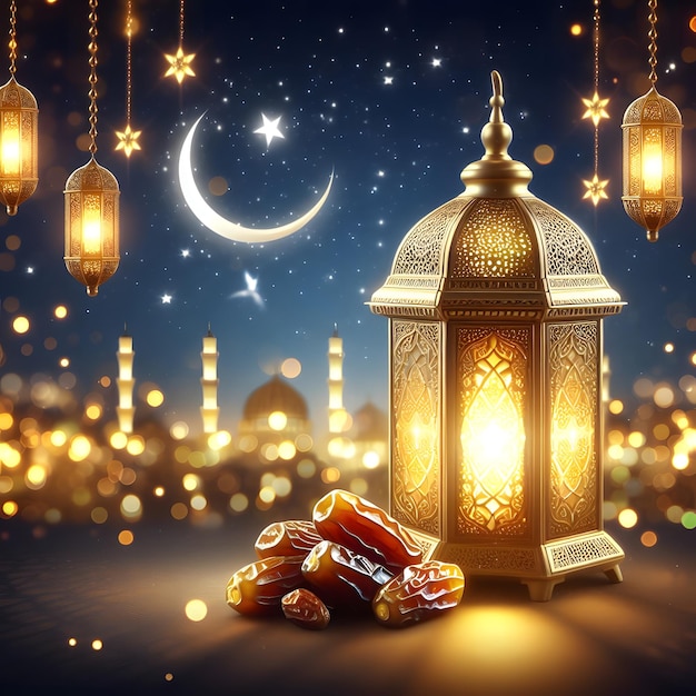 Muslim holiday of Ramadan Kareem a golden lantern and dates fruit are displayed against a night sky