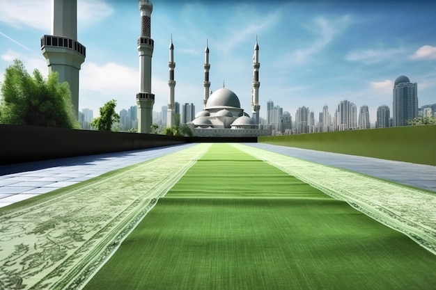 Muslim holiday Ramadan sajjada rug for prayer on the background of the mosque AI generated