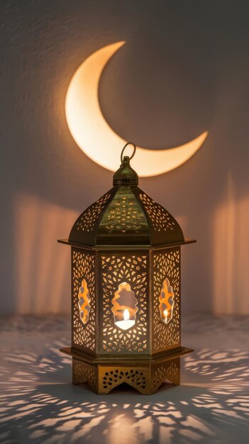 muslim holy month ramadan kareem ornamental arabic lantern with burning candle glowing with crescen