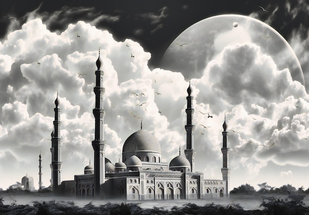 A muslim holy mosque is in the sky with clouds