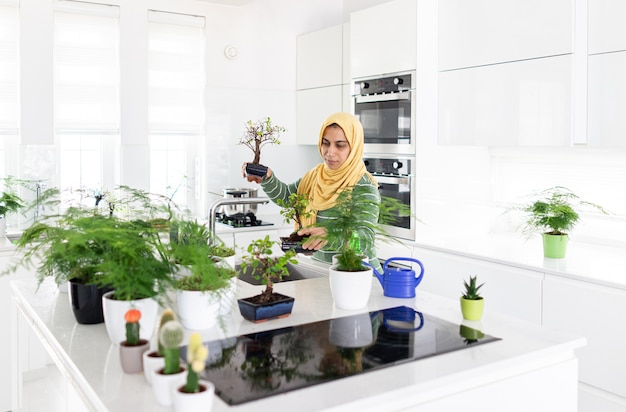 Muslim housewife at home watering plants in kitchen