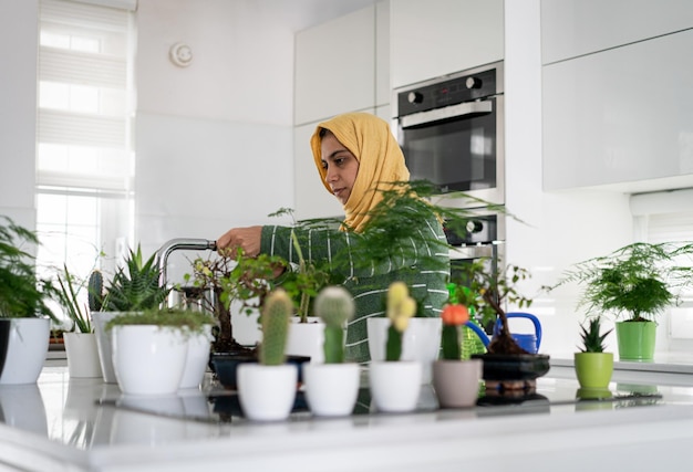 Muslim housewife at home watering plants in kitchen