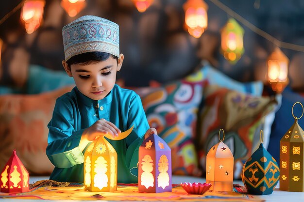 Muslim Kid preparing decorations to celebrate Ramadan Ramzan EidulFitr EidulEdha