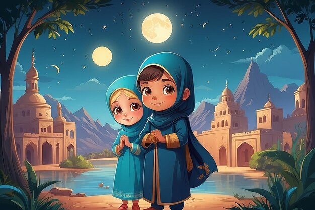 Muslim Kids Boy and Girl Vector Art Illustration for kids