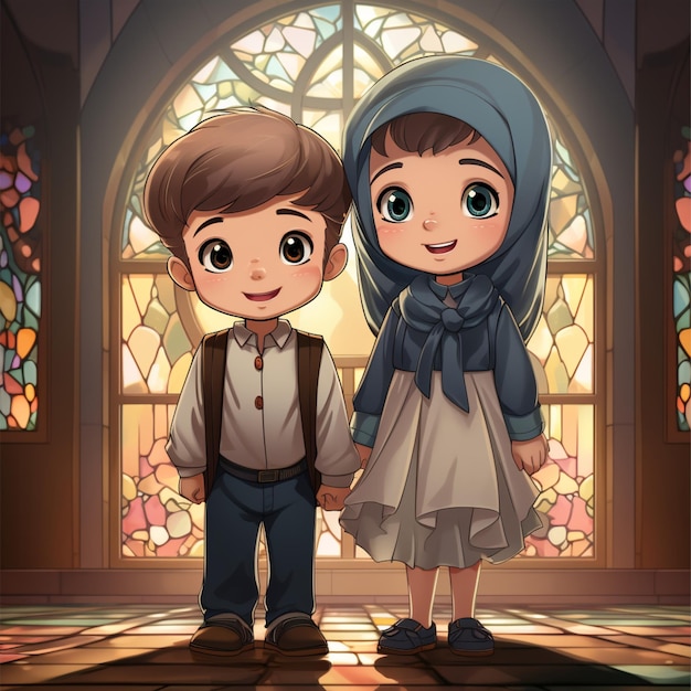 Muslim kids cartoon illustration cute cartoon full color and islamic ornament