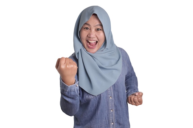 Muslim Lady Smiling with Winning Gesture