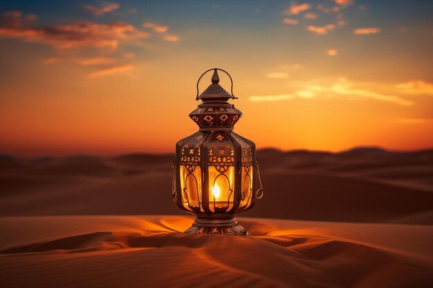 사막 의 해 가 지는 배경 에 있는 무슬림 램프