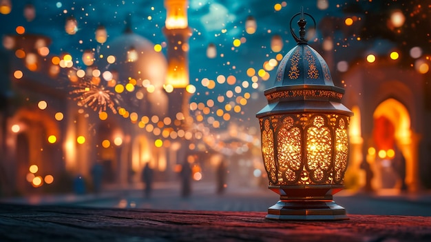 Photo muslim lamp and tasbih on table against night sky