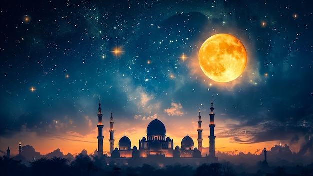 Muslim lamp and tasbih on table against night sky