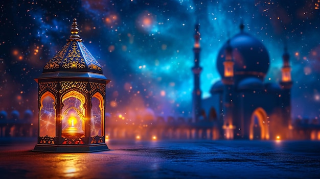 Muslim lamp and tasbih on table against night sky