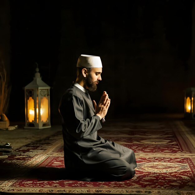 Photo a muslim making dua prayer individually at night