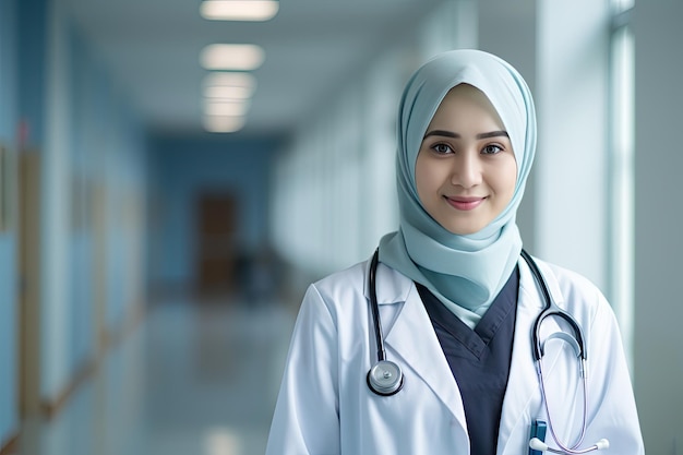 Muslim malay woman doctor in hospital corridor with copy space