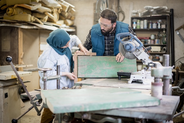 Muslim male and female in workshop working together