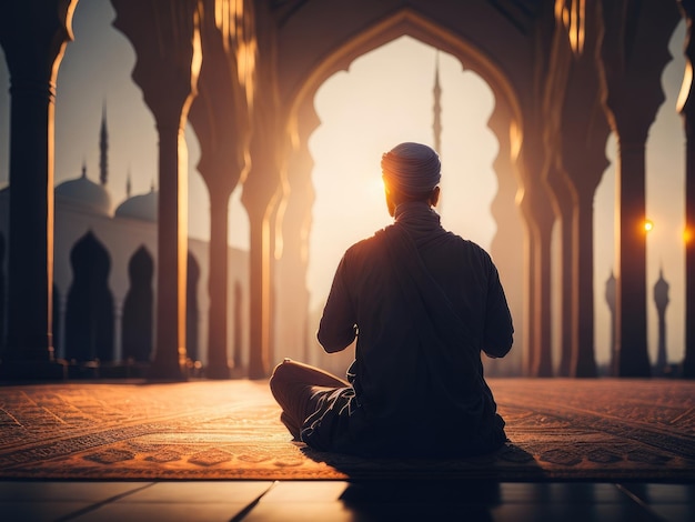 A muslim man back view sit and praying in mosque ai generative