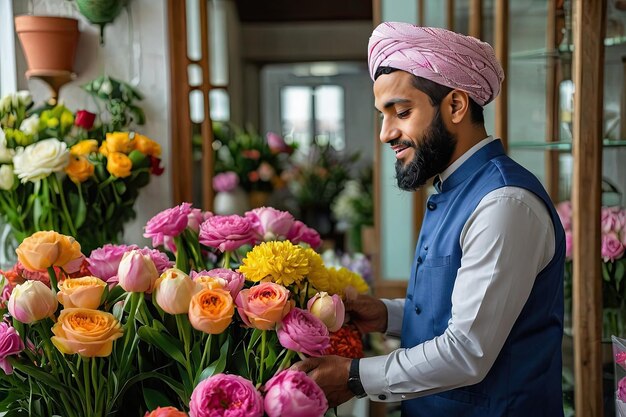 イスラム教徒の花屋は花箱や花瓶に新鮮に切られた花束を集めます花屋とラックで販売されています春の休暇の配達 3月8日 女性の誕生日 AI生成