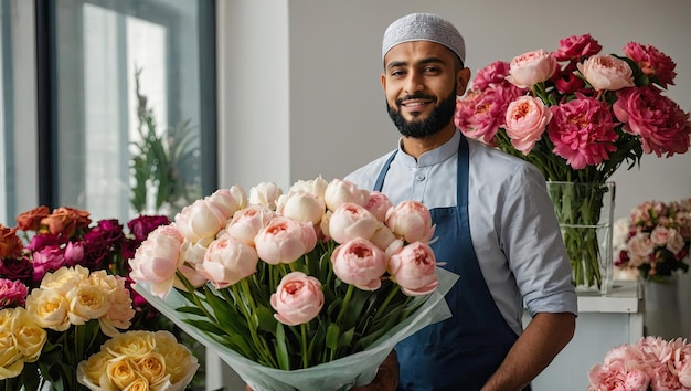 Muslim man florist collects bouquet of pions fresh cut flowers in boxes and vases in flower shop and racks for sale delivery for the holiday Spring March 8 womens Day birthday AI generated