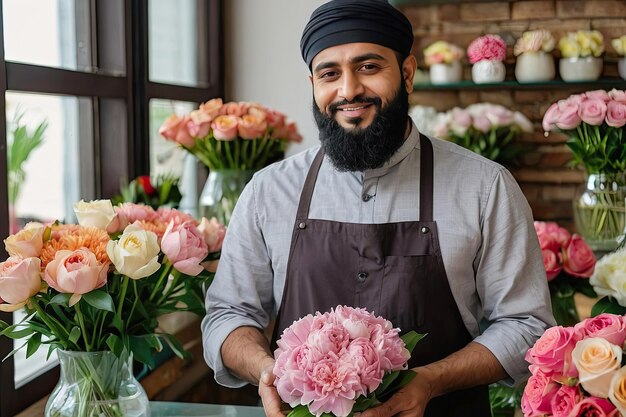 Photo muslim man florist collects bouquet of pions fresh cut flowers in boxes and vases in flower shop and racks for sale delivery for the holiday spring march 8 womens day birthday ai generated