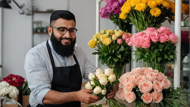 Foto l'uomo musulmano florista raccoglie un bouquet di rose fiori tagliati freschi in scatole e vasi in fiera e scaffali per la vendita consegna per la festa primavera 8 marzo compleanno della donna ai generato