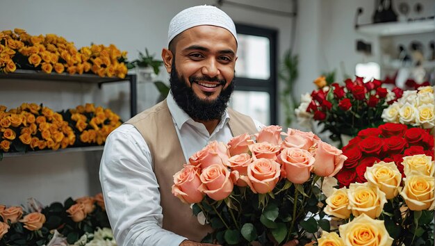 Muslim man florist collects bouquet of roses fresh cut flowers in boxes and vases in flower shop and racks for sale delivery for the holiday Spring March 8 womens Day birthday AI generated