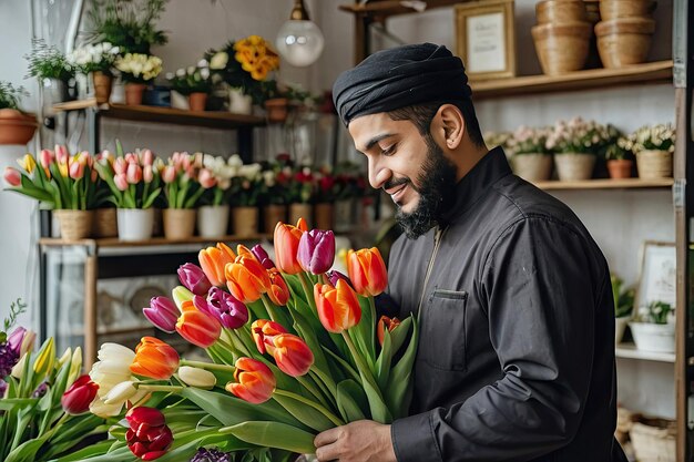 Muslim man florist collects bouquet of tulips fresh cut flowers in boxes and vases in flower shop and racks for sale delivery for the holiday Spring March 8 womens Day birthday AI generated