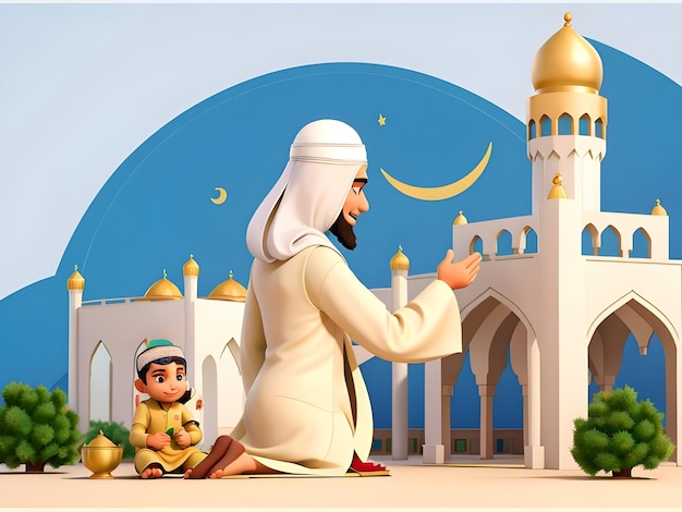 Photo muslim man greeting ramadan kareem and eid al fitr flat illustration image ai generate image