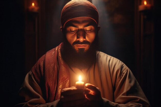 Photo muslim man holding a candle and praying prayer