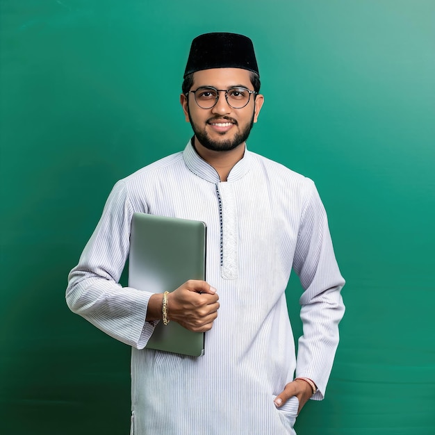 Photo a muslim man holding a notebook in his hand