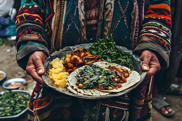 Photo muslim man holding plate of food