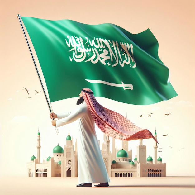 Photo muslim man holding saudi arabia flag on white background