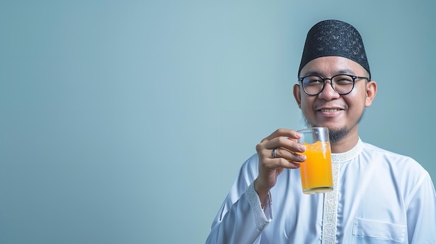 A Muslim man in Islamic attire drinking juice against a clean backdrop with a big copy space representing healthy foods for Ramadan Generative AI