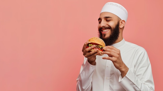 大きなコピー スペースのあるきれいな背景でハンバーガーを食べるイスラム服を着たイスラム教徒の男性ジェネレーティブ AI