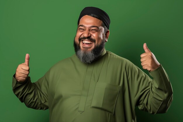 A muslim man poses greetings on green background