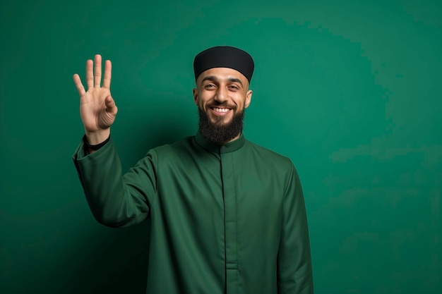 Photo a muslim man poses greetings on green background