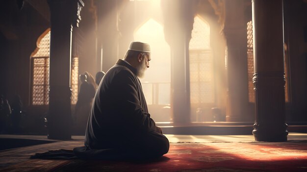 Photo muslim man praying inside the mosque ramadan kareem eid mubarak